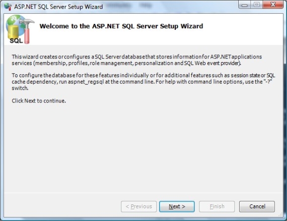 The Welcome Screen of aspnet_regsql
