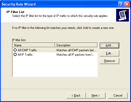 IP Filter List Step of the Wizard